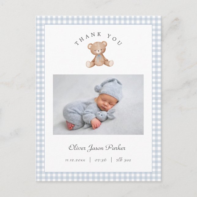 Postal Teddy Bear Gingham Baby Boy Birth Announcement (Anverso)