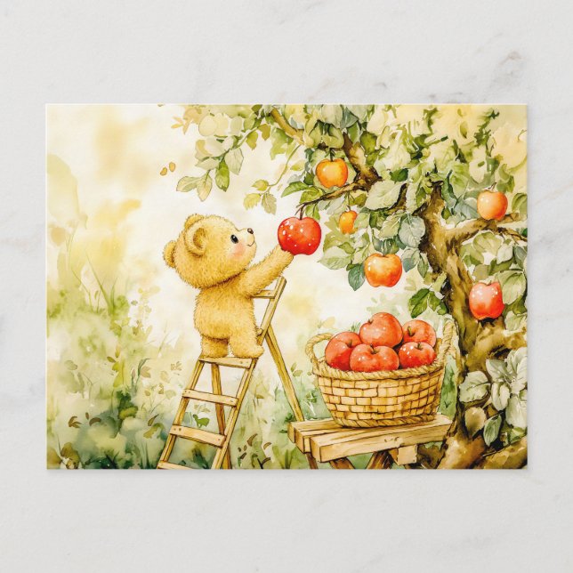 Postal Teddy Bear Harvesting Apples with Ladder (Anverso)