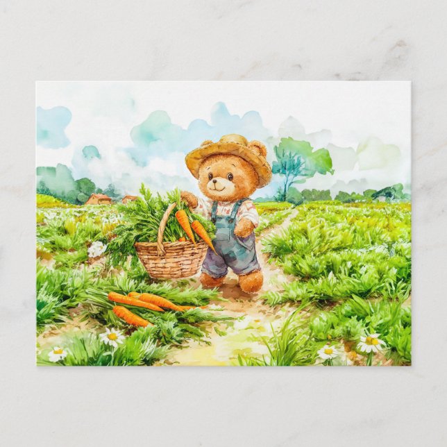 Postal Teddy Bear Harvesting Carrots in a Field (Anverso)