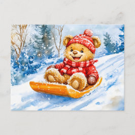 Postal Teddy Bear Sledding Downhill in Winter