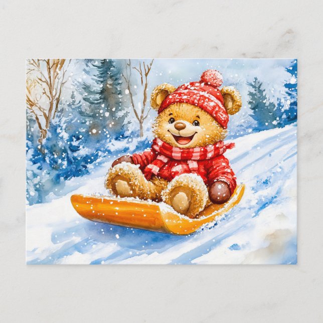 Postal Teddy Bear Sledding Downhill in Winter (Anverso)