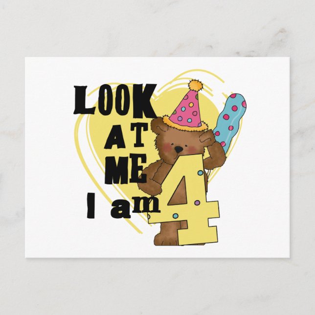 Postal Teddy Bear Tengo 4 Camisas de Cumpleaños y Regalos (Anverso)