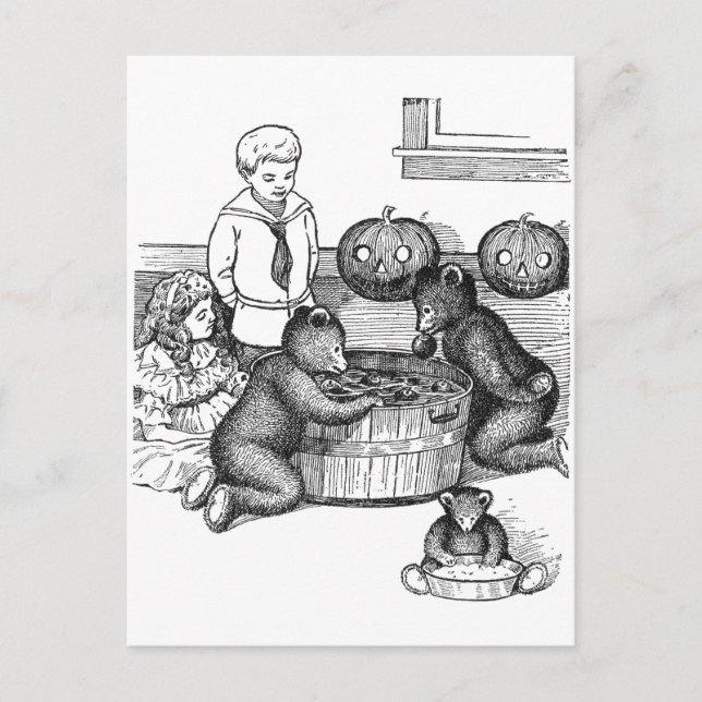 Postal Teddy Bears recortando manzanas en Halloween (Anverso)