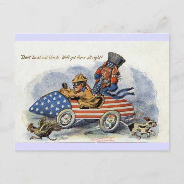 Postal Teddy Roosevelt y tío Sam en auto patriótico (Anverso)