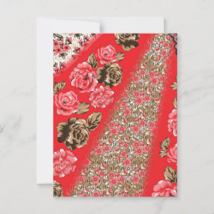 Postal Tejidos rojos vibrantes con intrincados florales y
