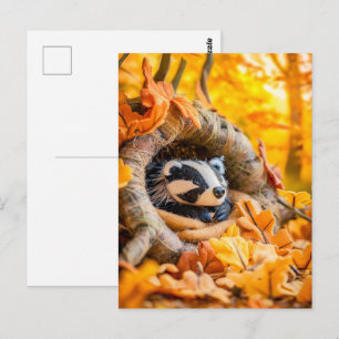 Postal Tejón de fieltro en bosque otoñal