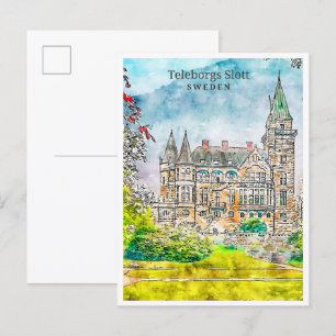 Postal Teleborgs Slott Suecia vintage acuarela