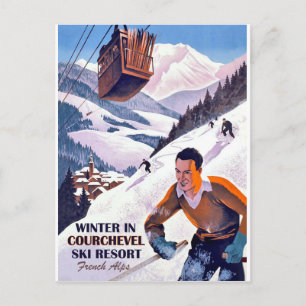 Postal Teleférico sobre Courcheval, hombre esquiando, vin