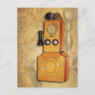 Postal Teléfono de pared de madera antigua
