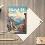 Postal Telluride Colorado Travel Art Vintage<br><div class="desc">Diseño de viaje vector tellurida retro en estilo emblema. Telluride,  un antiguo pueblo minero victoriano de las Montañas Rocosas de Colorado,  se encuentra en un cañón de caja entre picos boscosos en la base de un popular complejo de esquí y golf.</div>