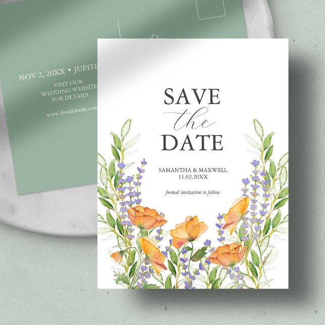 Postal Tema de Boda de Flor Silvestre Guardar la Fecha (Save the date postcard watercolor wildflower blooms by Victoria Grigaliunas of Do Tell A Belle)