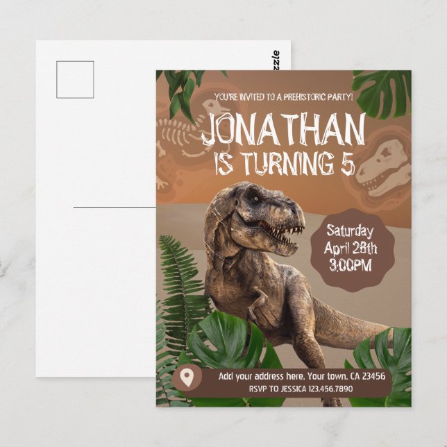 Postal Tema de fiesta de cumpleaños Dinosaurio T rex (Anverso / Reverso)