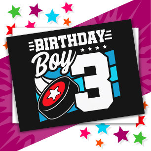 Postal Tema de fiesta de hockey para niño de 3 años Cumpl
