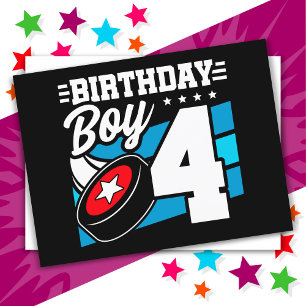 Postal Tema de fiesta de hockey para niño de 4 años Cumpl