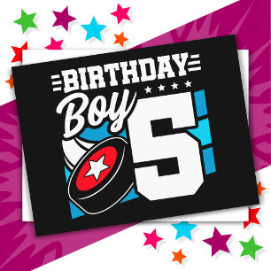 Postal Tema de fiesta de hockey para niño de 5 años cumpl