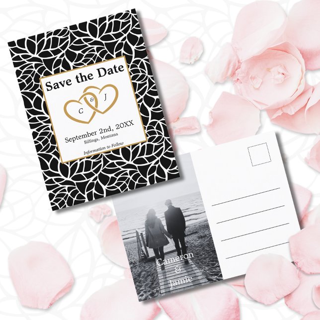 Postal Tema de Guardar botánico la fecha Boda blanco negr (Botanical Save the Date Black White Wedding Theme Postcard)