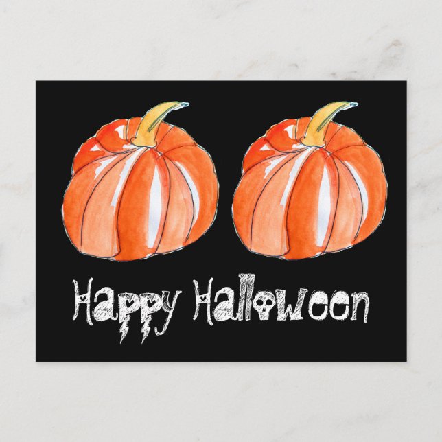 Postal Tema de Halloween negro calabaza y naranja (Anverso)