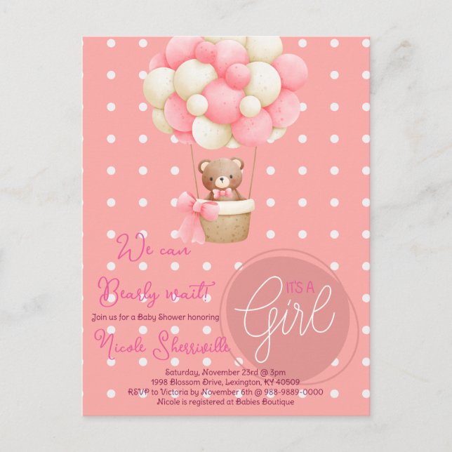 Postal Tema de oso Globo aerostático rosa melocotón Baby  (Anverso)