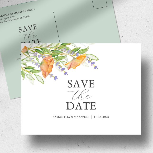 Postal Tema del Boda de Flores Silvestres Guardar la fech (Save the date postcard watercolor orange florals by Victoria Grigaliunas of Do Tell A Belle)
