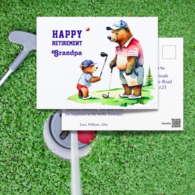 Postal Tema del golf del abuelo de jubilaciones felices (Happy retirement grandpa golf themed postcard cute teddy bear grandpa in golf clothes teaching cub)
