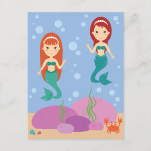 Postal Tema del océano, sirenas nadando entre burbujas