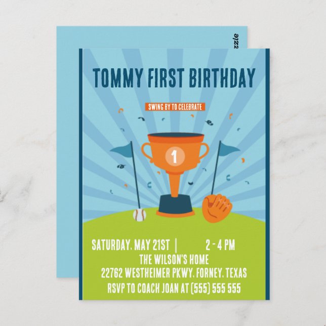 Postal Tema deportivo cumpleaños 1er béisbol (Anverso / Reverso)