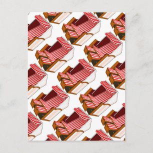 Postal temática con tumbonas rojas y blancas