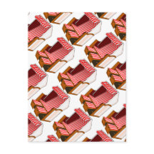 Postal temática con tumbonas rojas y blancas