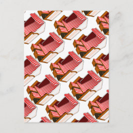 Postal temática con tumbonas rojas y blancas