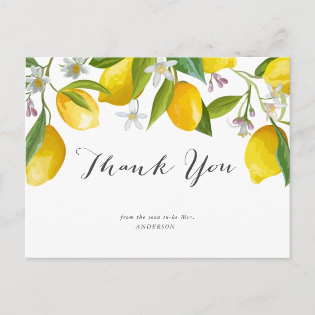 Postal Temática de limón, verano Ducha de novia gracias (Anverso)