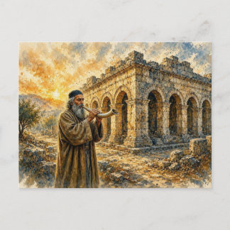 Postal Templo antiguo y soplando el Shofar