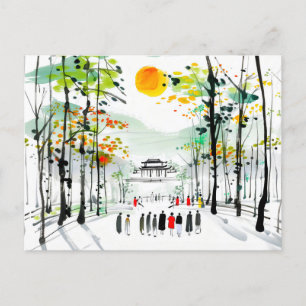 Postal Templo chino entre árboles al atardecer