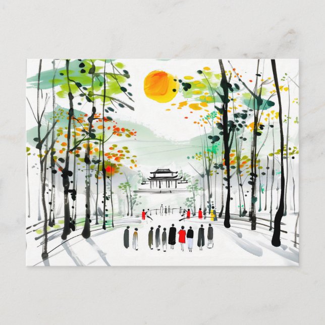 Postal Templo chino entre árboles al atardecer (Anverso)