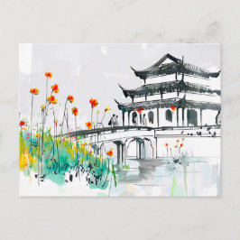 Postal Templo chino junto a un estanque florido