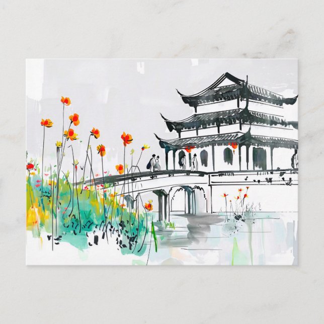 Postal Templo chino junto a un estanque florido (Anverso)
