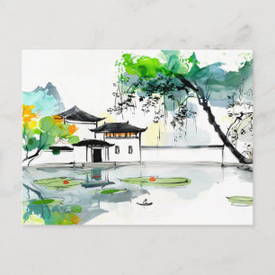 Postal Templo chino junto a una laguna de lotos