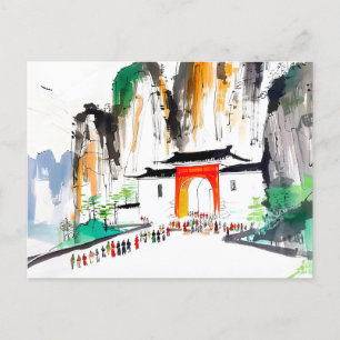 Postal Templo con gente en el paisaje montañoso