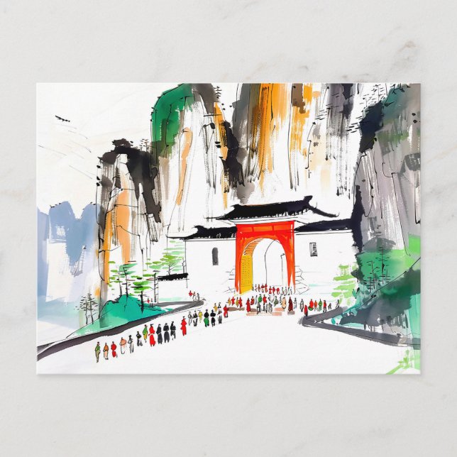 Postal Templo con gente en el paisaje montañoso (Anverso)