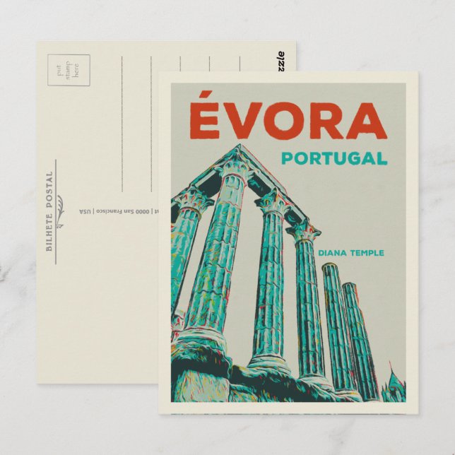 Postal Templo de Evora Diana ilustracion Portugal Postcar (Anverso / Reverso)