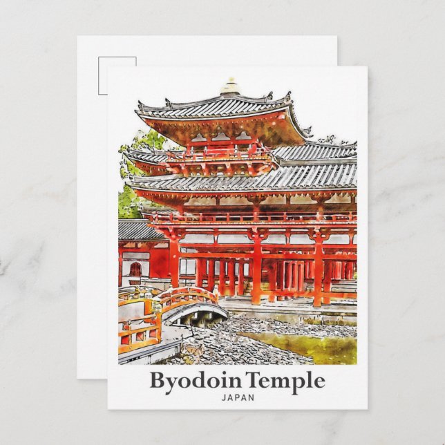Postal Templo de Obidún Japón mano acuarela de viaje dibu (Anverso / Reverso)
