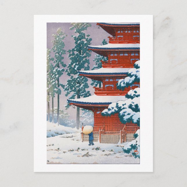 Postal Templo de Saishoin en Nieve, Hasui Kawase, Woodcut (Anverso)