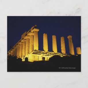 Postal Templo griego de noche con amarillos y naranjas
