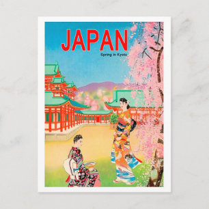 Postal Templo japonés en primavera, chicas geishas de pas
