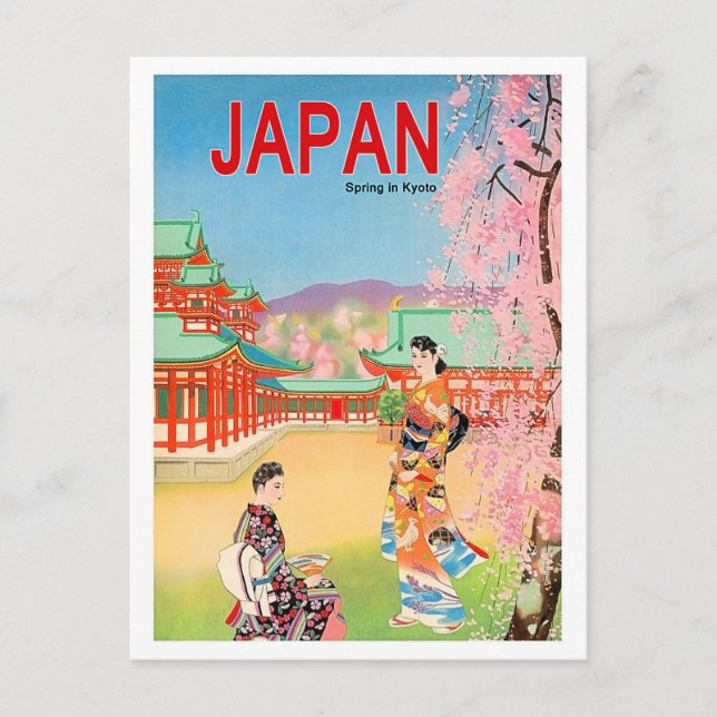 Postal Templo japonés en primavera, chicas geishas de pas (Anverso)