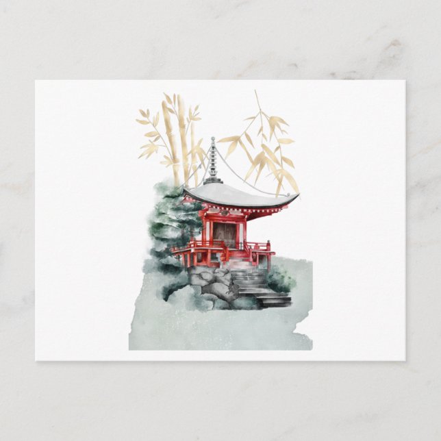 Postal Templo japonés y oro de bambú (Anverso)