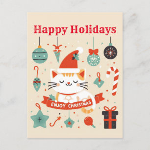 Postal Temporada de Navidades Cute Cat Enjoy