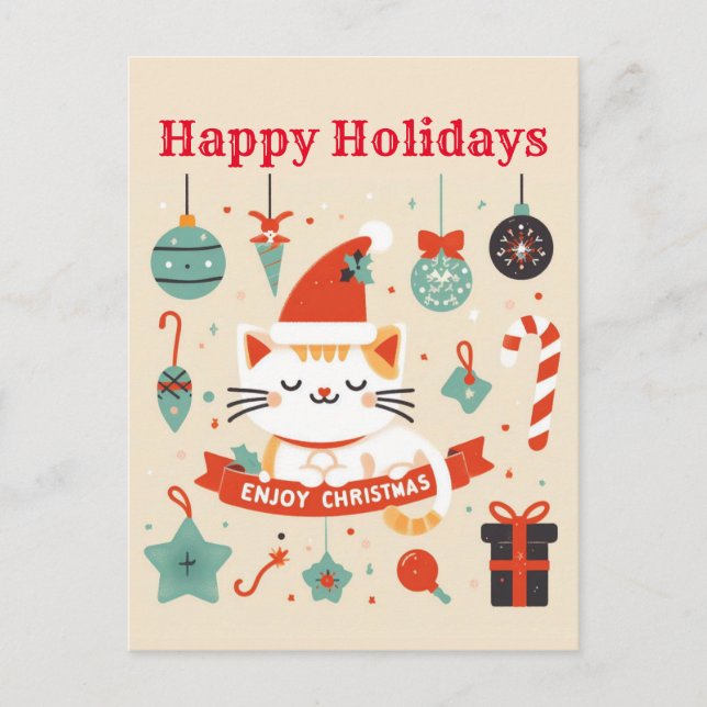 Postal Temporada de Navidades Cute Cat Enjoy (Anverso)