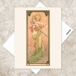 Postal Temporada de primavera Ilustracion Alphonse Mucha