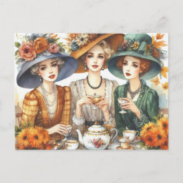 Postal Temporada Otoño Retro Ladies Tea Postcard