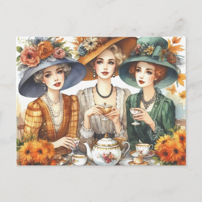 Postal Temporada Otoño Retro Ladies Tea Postcard (Anverso)